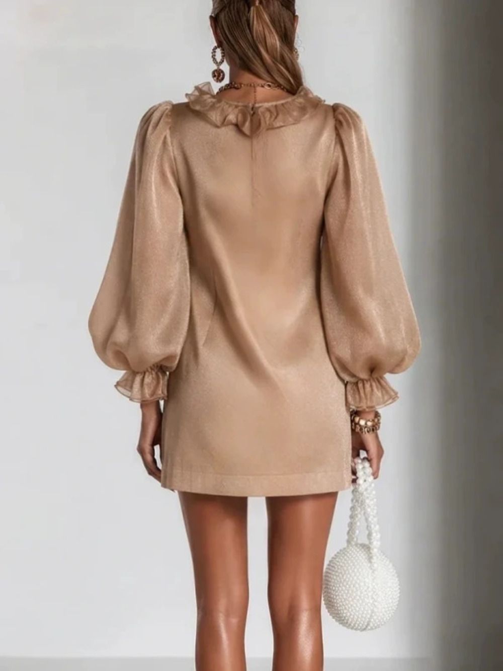 Deep Champagne Shimmer Tulle Ruffle Puff Sleeve Mini Dress Date Night Luxe